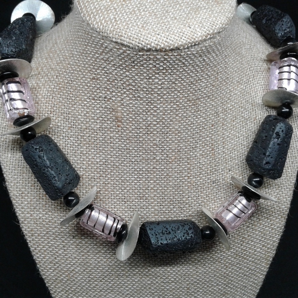 Volcanic Rock/Glass/Silver Choker